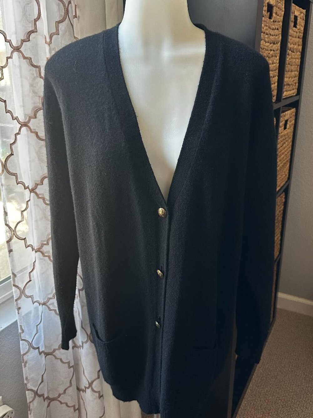 Neiman Marcus 100% Cashmere Black Cardigan Sweater Gold Buttons -Medium